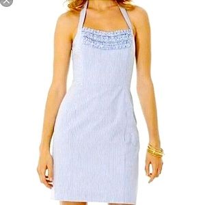 EUC Lily Pulitzer Maureen Seersucker Midi Halter Dress Blue/White 4